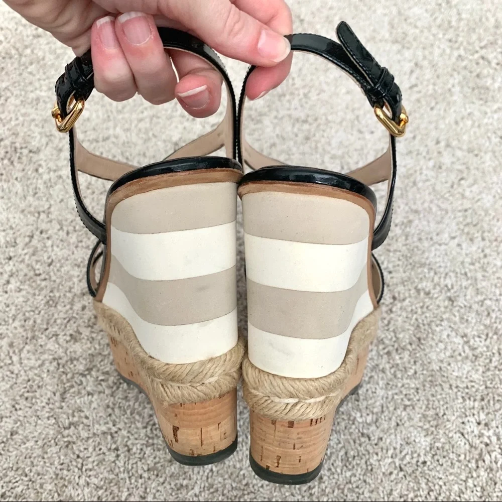 Prada Black Patent Leather Strappy Wedge Sandals